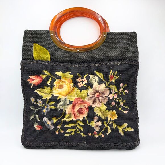 Handmade Handbags - Vintage Black Floral Needlepoint Handbag Lucite Handle Tapestry Purse 60s 70s